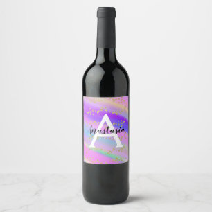 Colourful Unicorn Rainbow Gold Glitter Monogram Wine Label