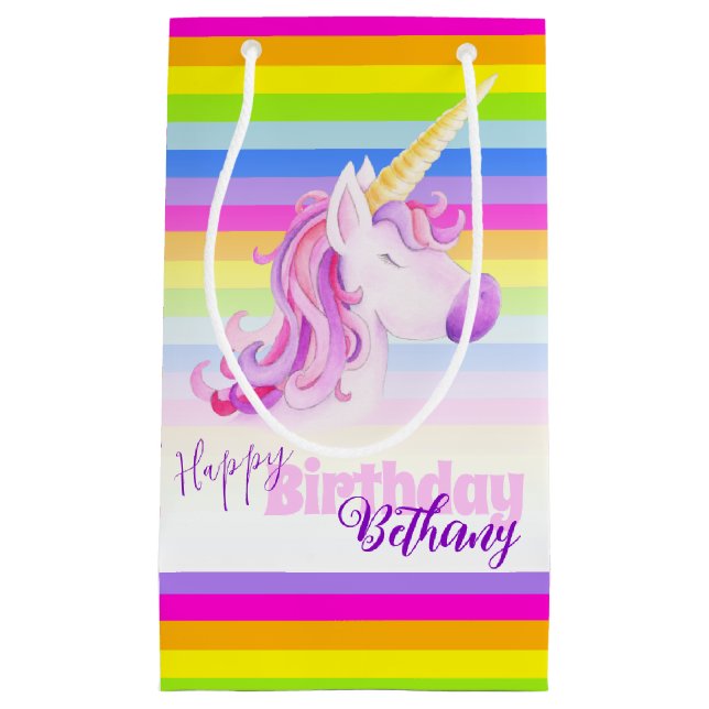 Colourful unicorn rainbow name birthday gift bags (Front)