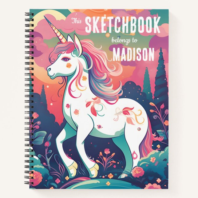 Colourful Unicorn Sketchbook with Name  Notebook (Front)