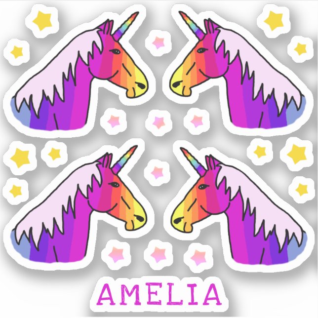 Colourful Unicorn Stars Name Kids Sticker (Front)