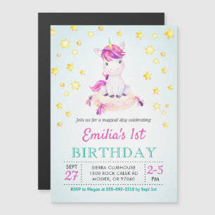 Colourful Unicorn Themed Girl Kids Birthday Party Magnetic Invitation