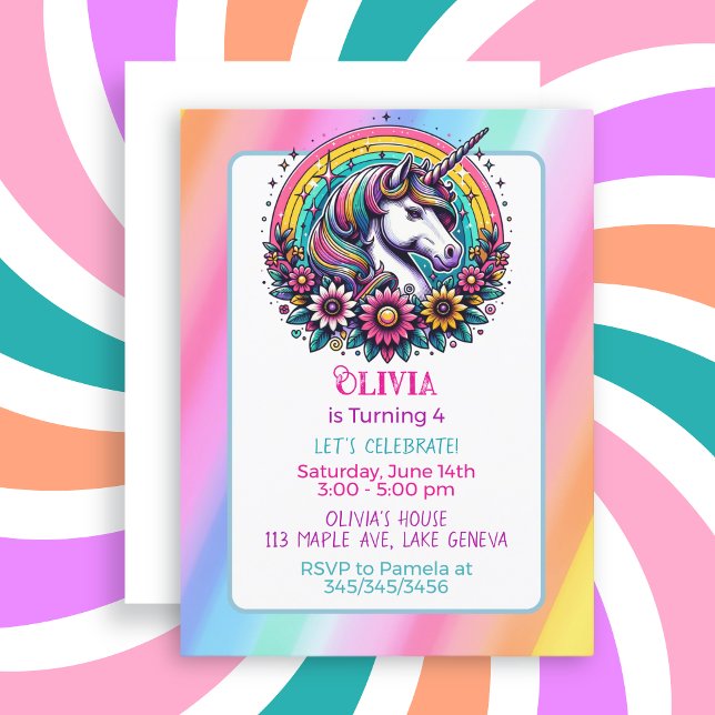 Colourful Unicorn themed Girl's Birthday Party Postcard (Creator Uploaded)