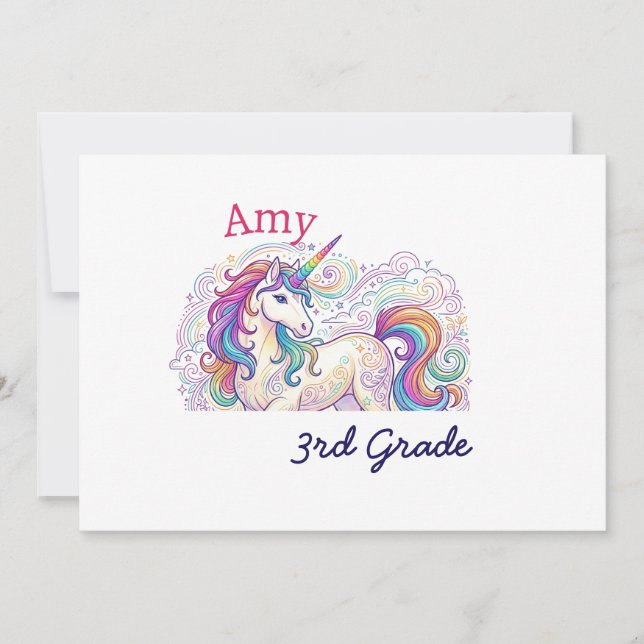 colourful unicorn third grade back to school name invitation (Front)