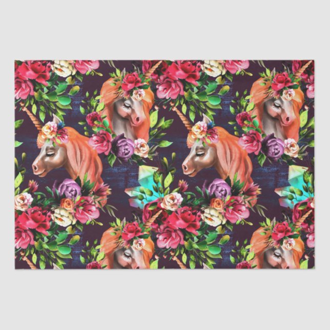 Colourful Unicorns and Flowers Roses Tissue Paper (Front)