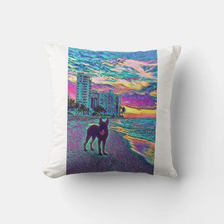 Colourful Unique Dog on Beach Art Pillow