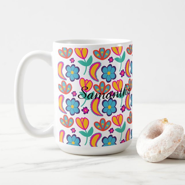 Colourful Unique  Flowers Coffee Mug (With Donut)