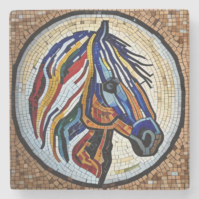 Colourful Unique Horse Faux Mosaic Art Stone Coaster (Front)