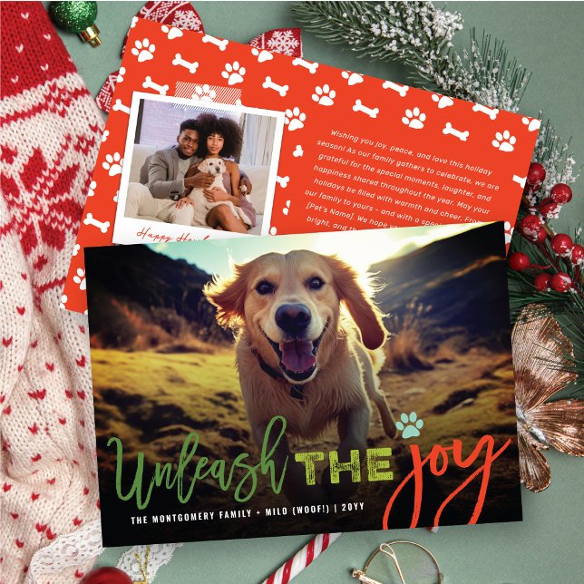 Colourful Unleash The Joy Cute Dog Lover Photo Pet Holiday Card (Creator Uploaded)