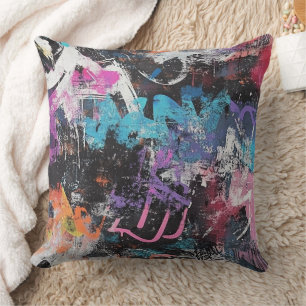 Colourful Urban Graffiti Abstract Purple Blue Blac Cushion