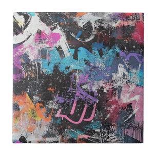 Colourful Urban Graffiti Abstract Purple Blue Blac Tile