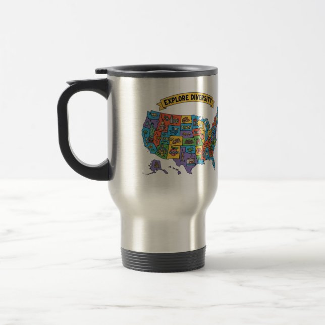 Colourful USA Map for Travelers – Explore Diversit Travel Mug (Left)
