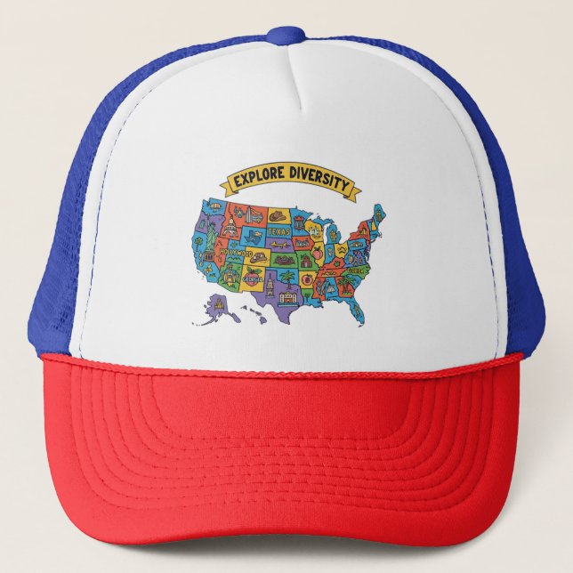 Colourful USA Map for Travelers – Explore Diversit Trucker Hat (Front)