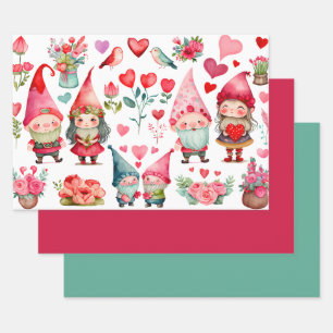 Colourful Valentine Gnomes Set of 3 Assorted Flat  Wrapping Paper Sheet