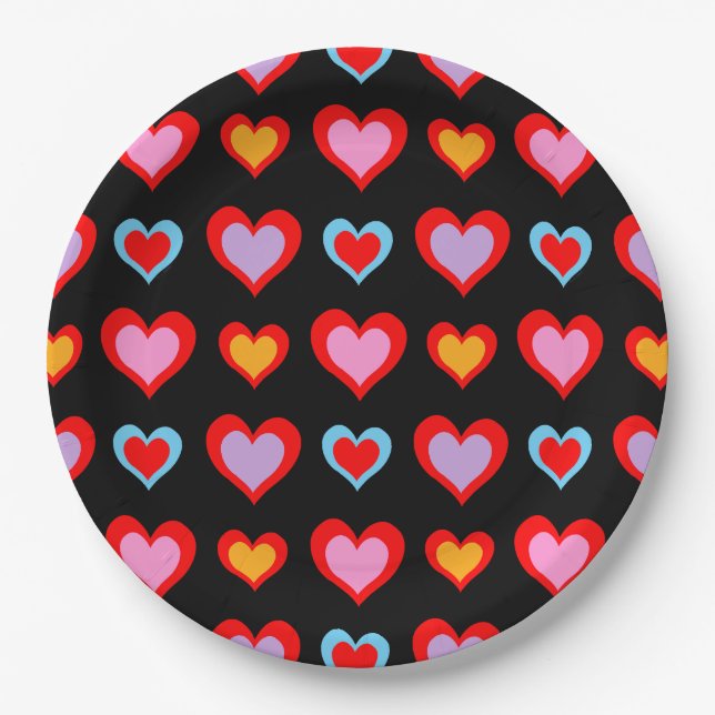 Colourful Valentine Hearts Pattern Paper Plate (Front)
