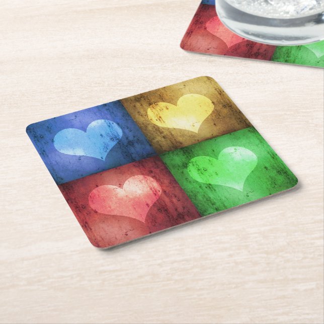 Colourful Valentine's Day Rustic Hearts Square Paper Coaster (Angled)