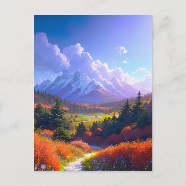 Colourful Valley and Majestic Snowy Peak Postcard (Front)