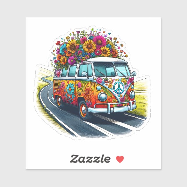 Colourful Van With Flowers on Sunny Road (Sheet)