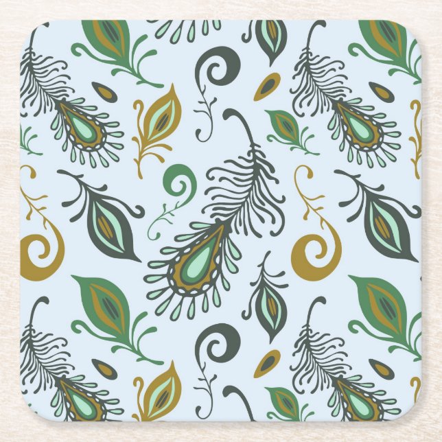 Colourful Various Feathers Square Paper Coaster (Front)