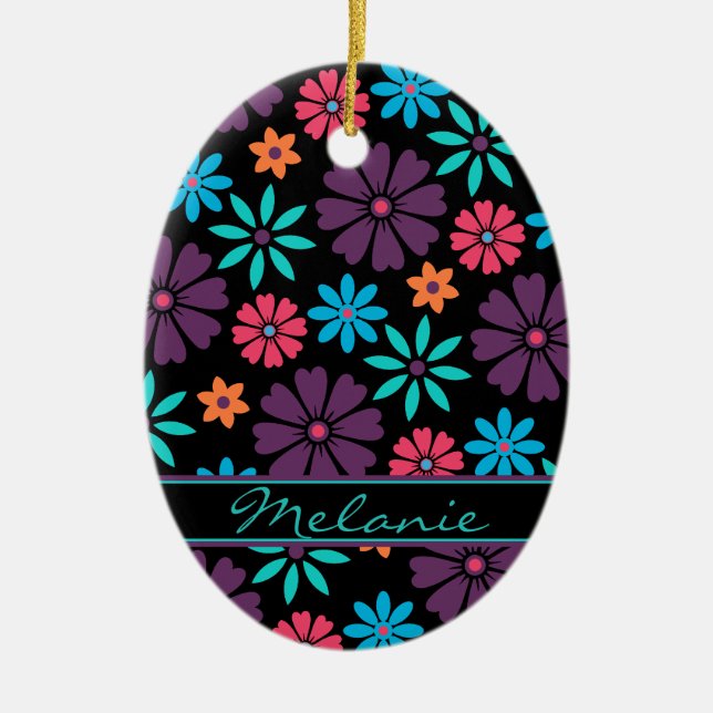 Colourful Vector Flower Pattern Nameplate Ceramic Tree Decoration (Front)