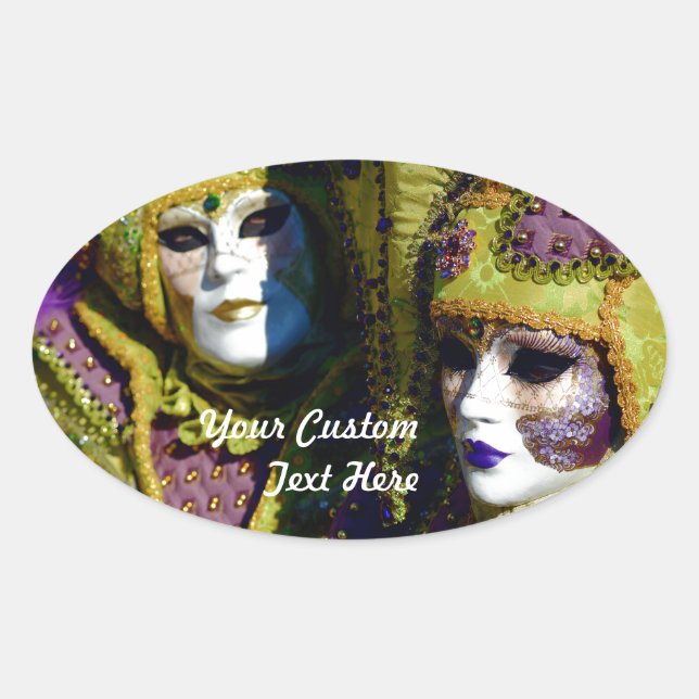 Colourful Venetian Couple With Carnival Masks Oval Sticker (Front)