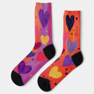 Colourful vertical hearts with dots and stripes socks