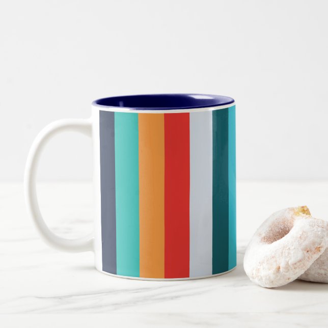 Colourful Vertical Retro Stripes Two-Tone Coffee Mug (With Donut)