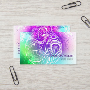Colourful vibrant abstract feather purple green business card
