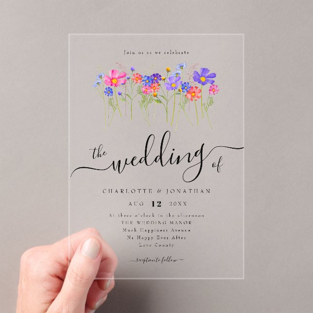 Colourful Vibrant Bold Boho Wildflower Wedding Acrylic Invitations (Insitu (Handheld))
