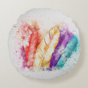 Colourful Vibrant Feather Creative Artistic Splash Round Cushion
