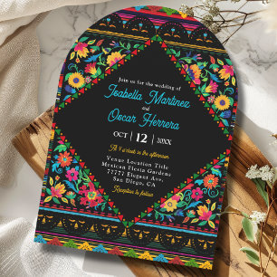 Colourful vibrant fiesta floral black wedding invitation