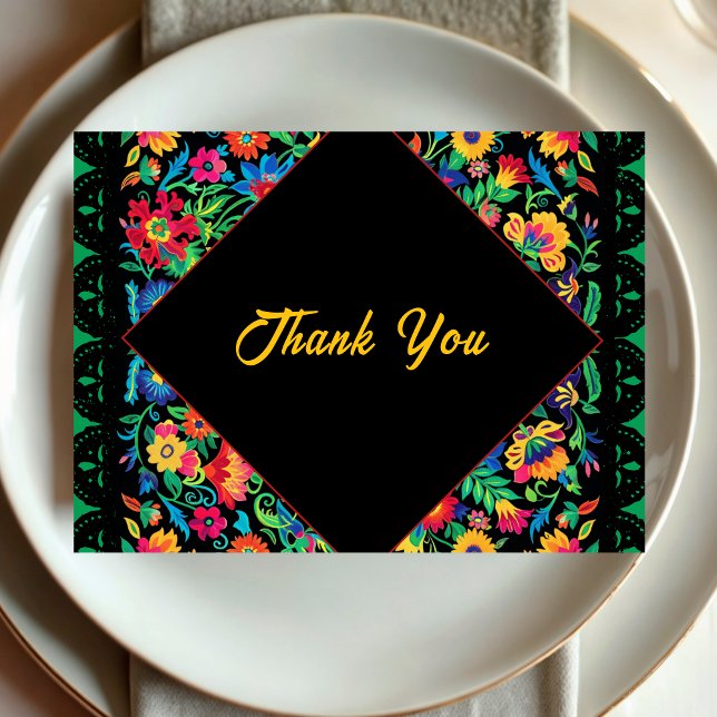 Colourful vibrant fiesta floral black wedding thank you card (Creator Uploaded)
