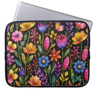 Colourful Vibrant Flowers on a Black Background Laptop Sleeve
