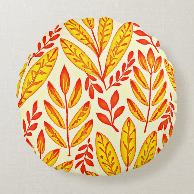 Colourful Vibrant Foliage Mosaic Leaves Pattern Round Cushion (Front)