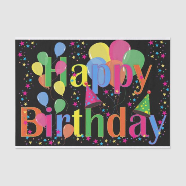 Colourful Vibrant Happy Birthday Balloons Black Tissue Paper (Front)