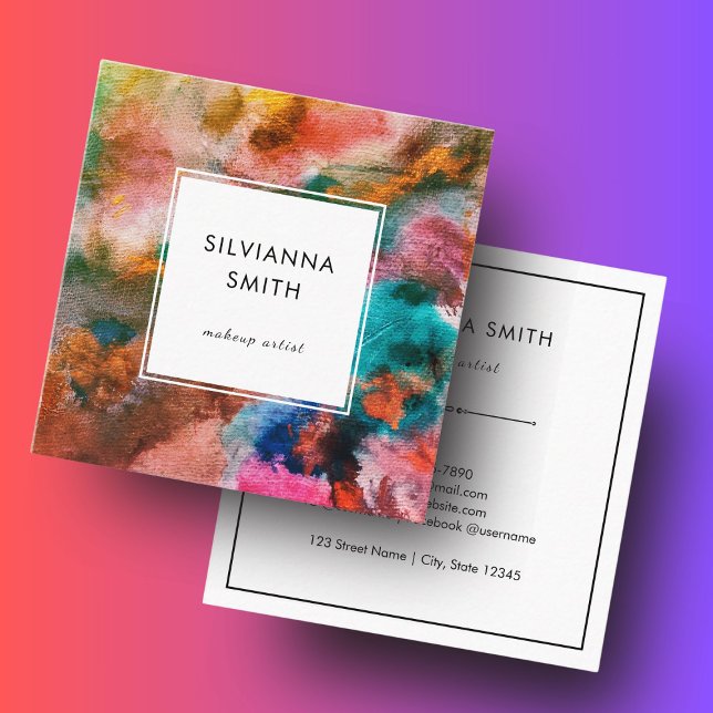 Colourful Vibrant Orange Watercolor Abstract Square Business Card (Modern Colorful Blue Pink brown watercolor background square business card)