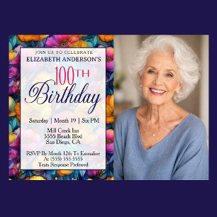 Colourful Vibrant Poppy Flower 100th Birthday Phot Invitation