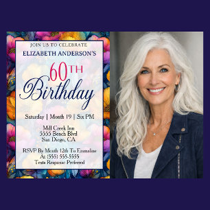 Colourful Vibrant Poppy Flower 60th Birthday Photo Invitation