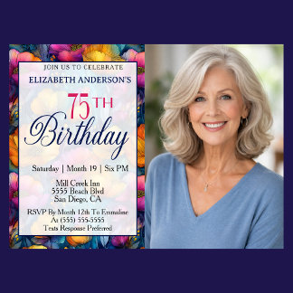 Colourful Vibrant Poppy Flower 75th Birthday Photo Invitation