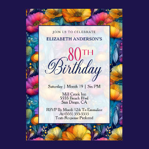 Colourful Vibrant Poppy Flower 80th Birthday Invitation