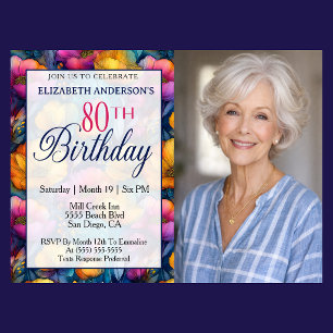 Colourful Vibrant Poppy Flower 80th Birthday Photo Invitation