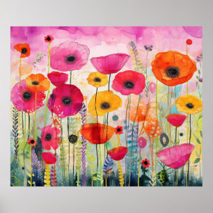 Colourful Vibrant Poppy Flower Field Floral Poster