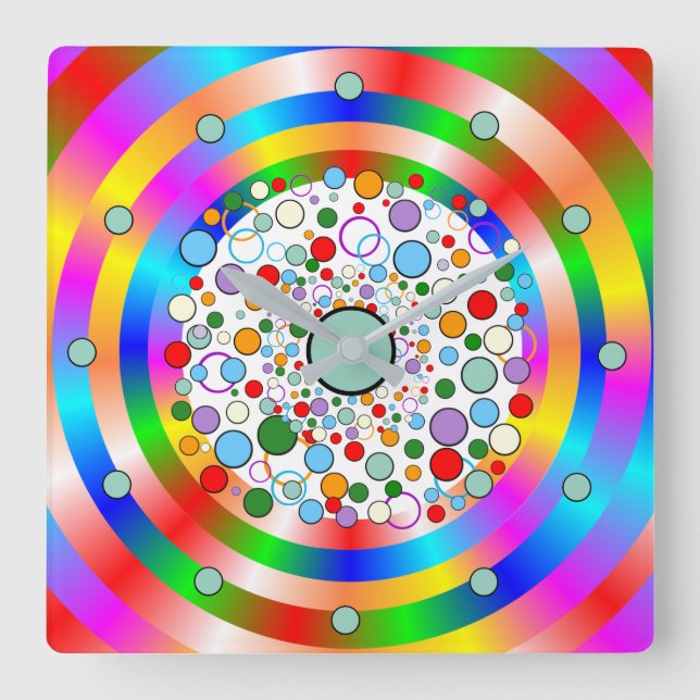 Colourful Vibrant  Rainbow Circles and Dots Square Wall Clock (Front)