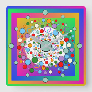 Colourful Vibrant  Rainbow Circles and Dots Square Wall Clock