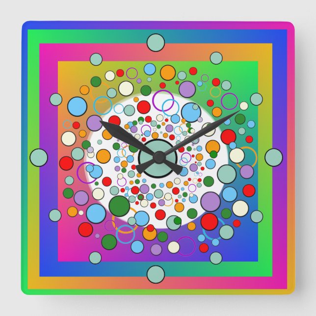 Colourful Vibrant  Rainbow Circles and Dots Square Wall Clock (Front)