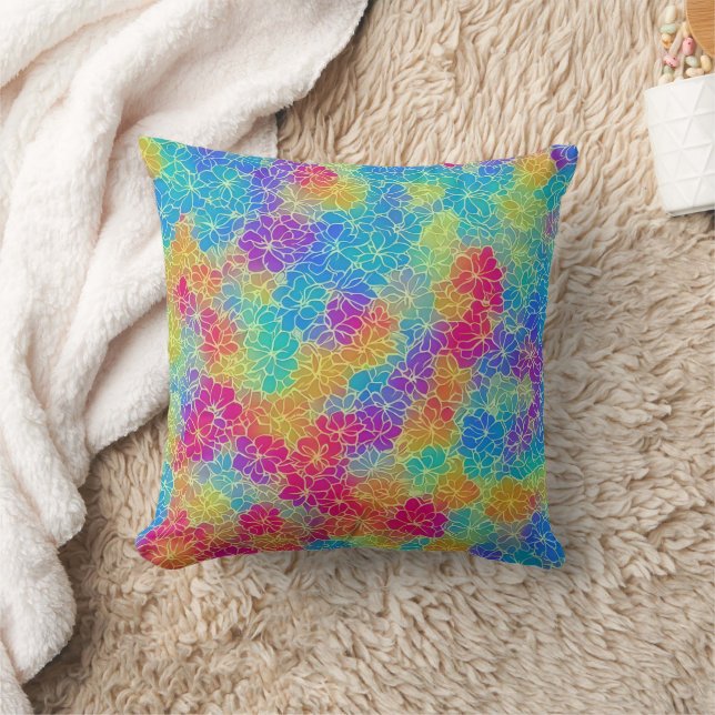 Colourful vibrant rainbow floral pattern cushion (Blanket)