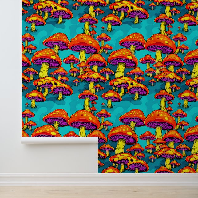 Colourful Vibrant Retro Trippy Mushrooms Wallpaper (Application)