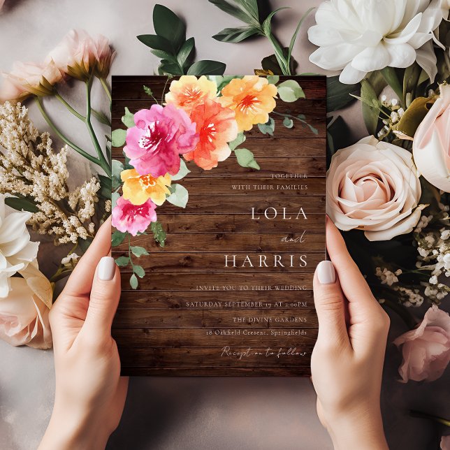 Colourful Vibrant Spring Floral Rustic Wood Weddin Invitation (Creator Uploaded)