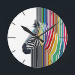 Colourful Vibrant Stripes Zebra Painting Round Clock<br><div class="desc">Happy colourful striped zebra wild animal painting,  filled with bright blue,  darker vibrant royal blue,  aqua green,  hot pink,  orange,  faded dark red,  yellow,  grey,  black,  white,  vibrant rainbow colours illustration,  on a simple white background. Unique,  trendy summer colours,  modern,  artistic zebra paint.</div>