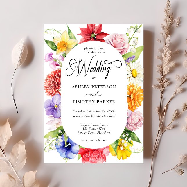 Colourful Vibrant Watercolor Flowers Wedding Invitation (Creator Uploaded)