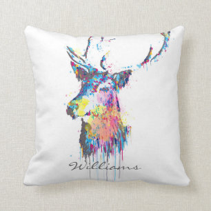 colourful vibrant watercolours splatters deer head cushion